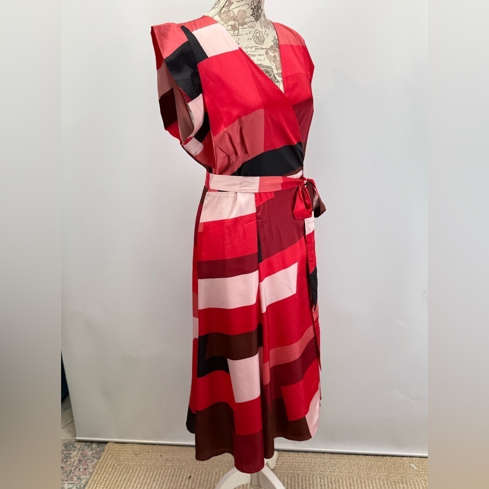 HUTCH Red and pink geometric print color block wrap midi dress size XL - Picture 5 of 16